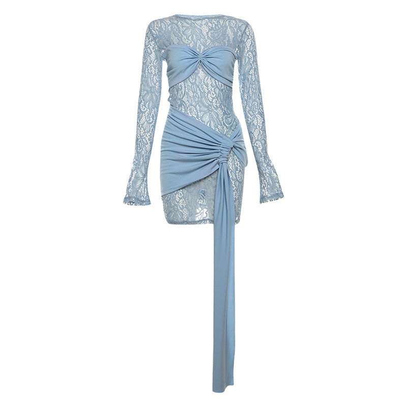 Autumn Winter Women Clothing Sexy round Neck Lace Stitching Long Sleeve Slim Fit Dress Bella Mia